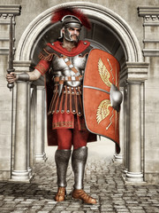 Starożytny rzymski żołnierz w hełmie, z tarczą i mieczem