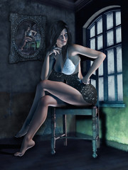 Kobieta siedząca na krześle w ciemnym pokoju