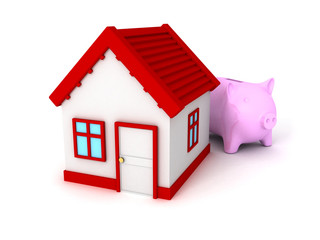 Piggy Bank with red roof house on white