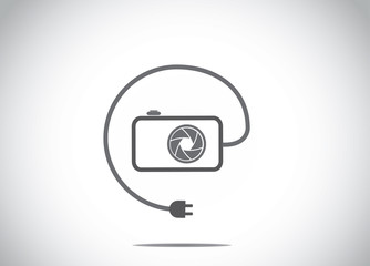 simple digital camera shutter connected wire charger plug icon