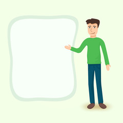 Businessman pointing to frame for text - cartoon illustration