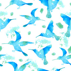 Seamless Watercolor Background with Hummingbirds