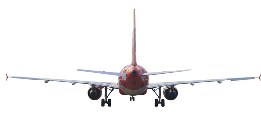 rear view of passenger jet plane isolated white