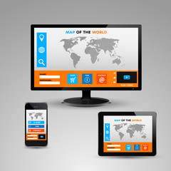 Illustration of a monitor, smartphone and tablet with websites
