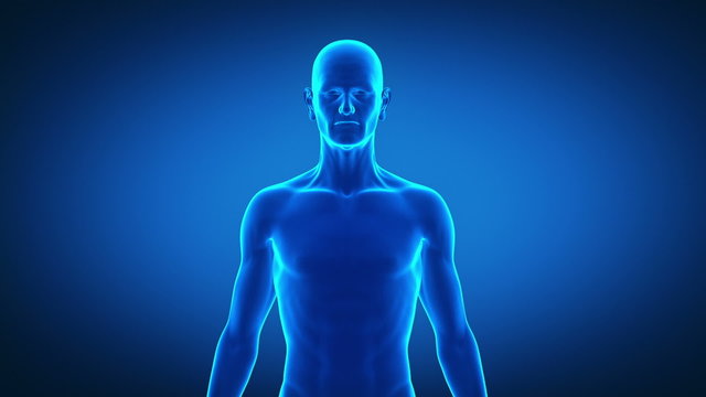 Aging man in time lapse front view with alpha channelx-ray blue
