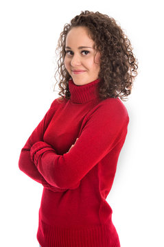 Junge h&uuml;bsche Frau mit Naturlocken und Rollkragen Pullover