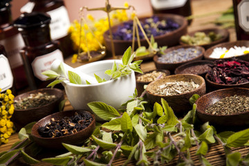 Fototapeta na wymiar Assorted natural medical herbs and mortar
