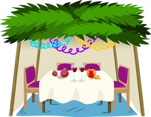 Sukkah For Sukkot With Food On Table - 69575412