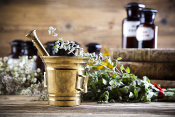 Natural medicine, herbs, mortar