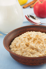 bowl of oatmeal on tablecloth