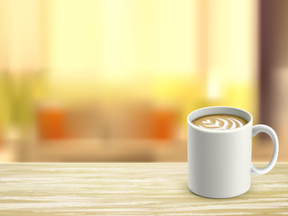 closeup of wooden desk and coffee in room