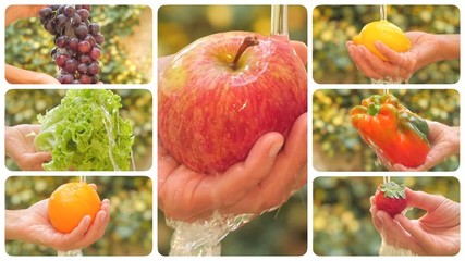 diverse fruits and vegetables under pouring water montage - Powered by Adobe