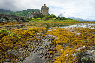 Eilean Donan castle in Scotland on a rainy day