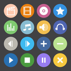 Flat Color style media player icons vector set.