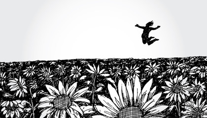 Hand Drawn Illustration of a Man Jumping in the Flower Field - 69586228