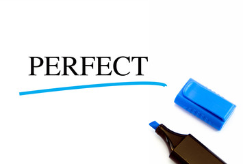 Perfect text written on white background with blue marker