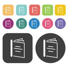 Book icons set. Round and rectangle colourful 12 buttons. Vector