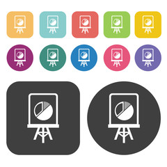 Pie graph iconss set. Round and rectangle colourful 12 buttons.