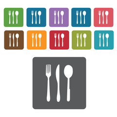 Spoon, fork and knife icons set. Rectangle colourful 12 buttons.