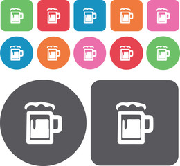 Beer mug icons set. Round and rectangle colourful 12 buttons. Ve