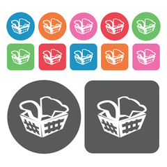 Laundry basket icons set. Round colourful 12 buttons. Vector ill