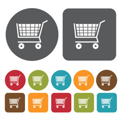 Grocery cart icons set. Round and rectangle colourful 12 buttons