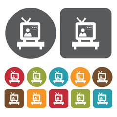 Newscaster on tv icons set. Round and rectangle colourful 12 but