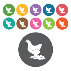 Hen and egg icons set. Round colourful 12 buttons. Vector illust