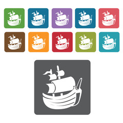 Pirate ship icons set. Rectangle colourful 12 buttons. Vector il