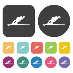 Winter skiing icons set. Round and rectangle colourful 12 button