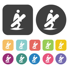 Snowboarding icons set. Round and rectangle colourful 12 buttons