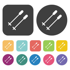 Ski stick icons set. Round and rectangle colourful 12 buttons. V