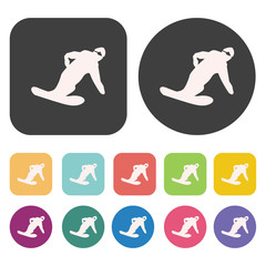 Skier icons set. Round and rectangle colourful 12 buttons. Vecto