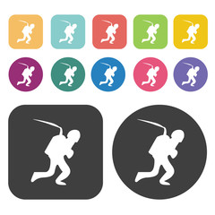 Walking soldier icons set. Round and rectangle colourful 12 butt