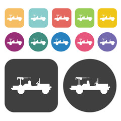 Jeep with machine gun icons set. Round and rectangle colourful 1