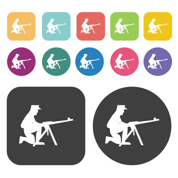 Soldier on machine gun icons set. Round and rectangle colourful