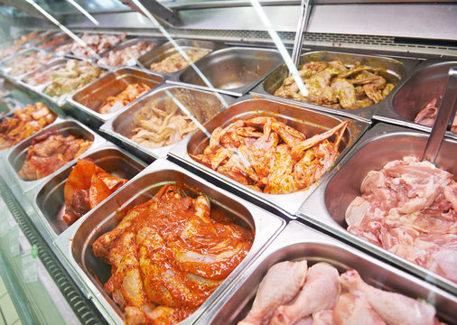 meat showcase in food supermarket