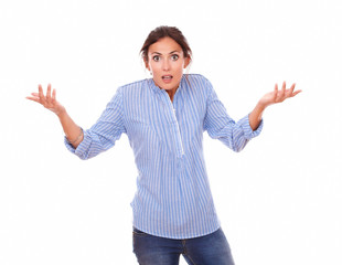 Confused charming woman holding up her hands