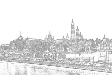 Black and white drawing of the Moscow Kremlin