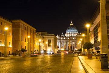 Fototapeta na wymiar Night view of the St. Peter's Basilica in Rome, Vatican. Italy