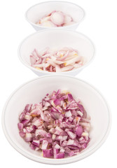 Different shape of chopped onions in bowls 