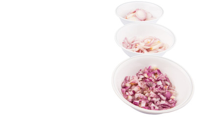 Different shape of chopped onions in bowls 
