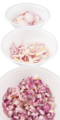 Different shape of chopped onions in bowls 