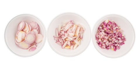 Different shape of chopped onions in bowls 