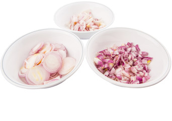 Different shape of chopped onions in bowls 