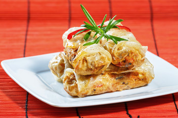 fried spring rolls on red bamboo mat