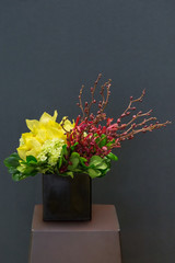 Floral arangement with cymbidium, Hydrangea, Orchid in rectangul