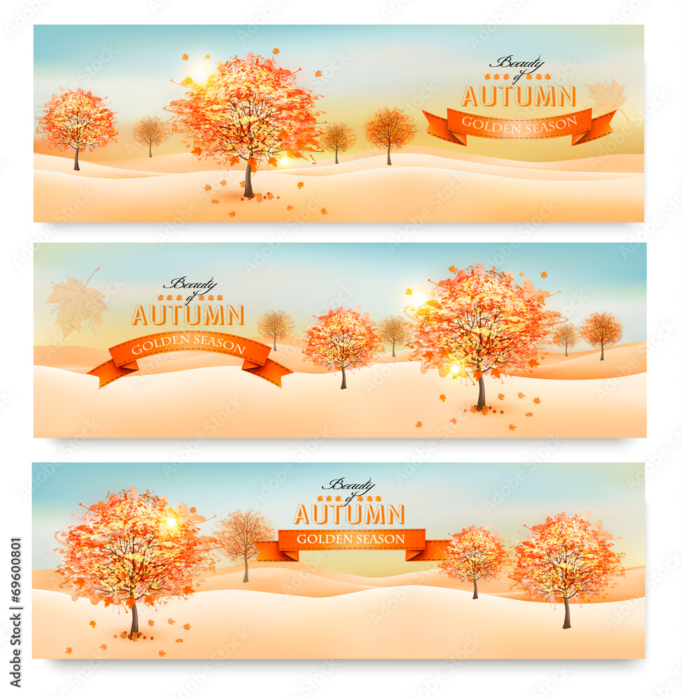 Poster three autumn abstract banners with colorful leaves and trees. ve