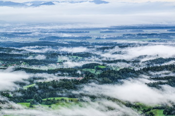 Obraz premium Villages covered with fog in the early summer morning