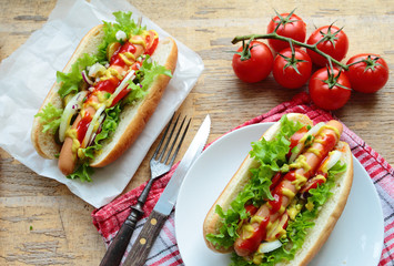 Two homemade hot dogs with fresh vegetables
